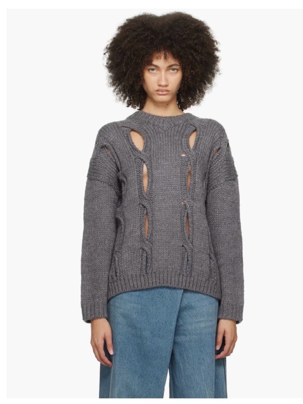 Chunky Open-Stitch Crewneck Sweater in Gray